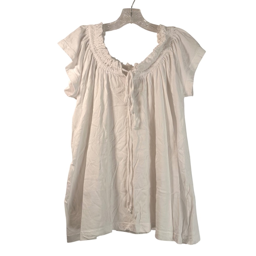 Hanes Signature Womens XL White Cotton Peasant Top Smocked Neck Flutter Sleeve